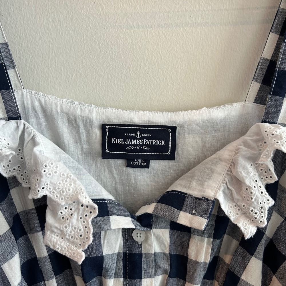 Kiel James Patrick Dress Navy Blue White Gingham Small Eyelet Lace Trim Cotton - Picture 2 of 8